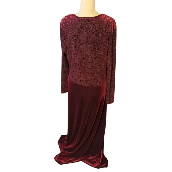 Burgundy wine velour Drop Waist long maxi dress with velvet burnout bodice sz 18 - Picture 5 of 9